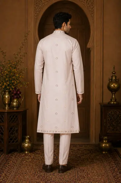 Men's Blush Pink Dola Silk Floral Embroidered Kurta Set view 3