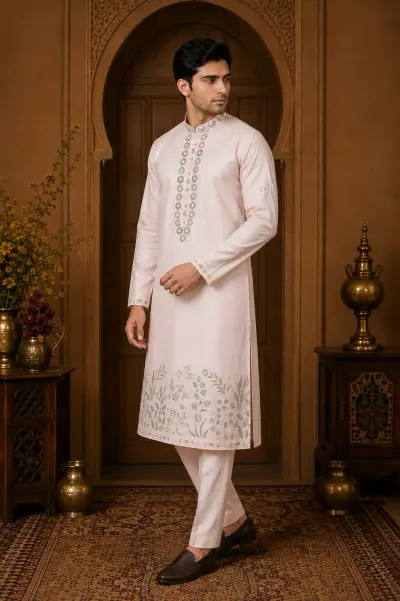 Men's Blush Pink Dola Silk Floral Embroidered Kurta Set view 4
