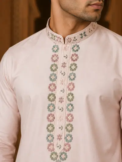 Men's Blush Pink Dola Silk Floral Embroidered Kurta Set view 2