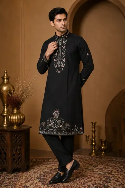 Men's Black Dola Silk Heritage Embroidered Kurta Set