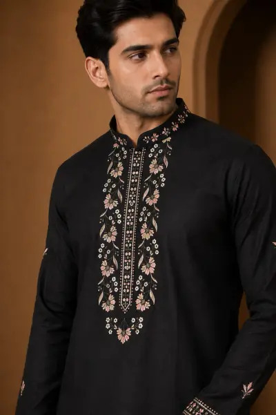 Men's Black Dola Silk Heritage Embroidered Kurta Set view 2