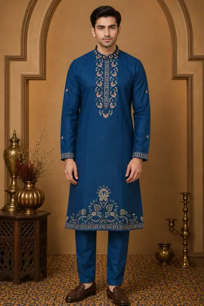 Men's Royal Blue Dola Silk Heritage Embroidered Kurta Set