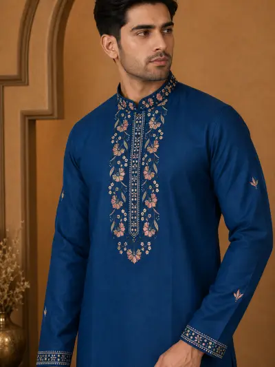 Men's Royal Blue Dola Silk Heritage Embroidered Kurta Set view 2