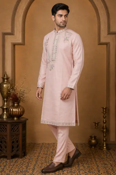 Men's Blush Pink Dola Silk Bird Embroidered Kurta Set view 4