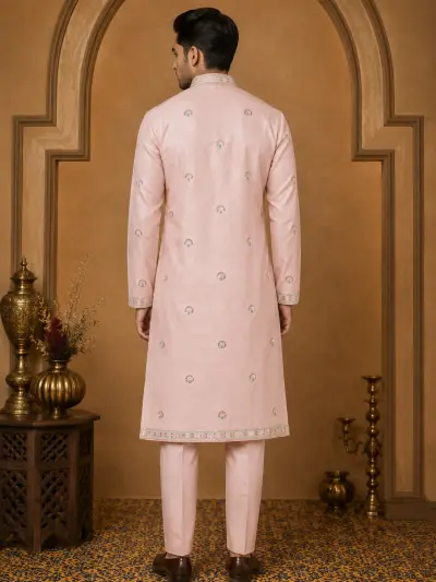 Men's Blush Pink Dola Silk Bird Embroidered Kurta Set view 3