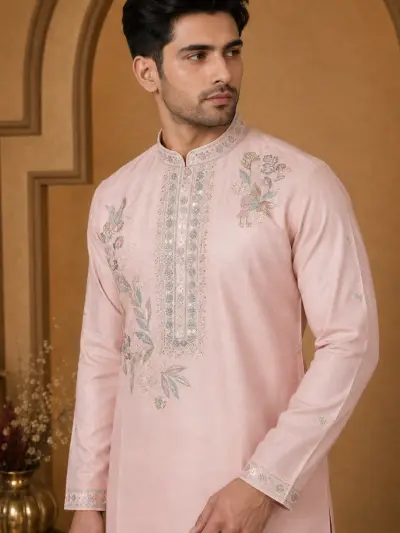 Men's Blush Pink Dola Silk Bird Embroidered Kurta Set view 2
