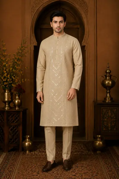 Men's Sand Gold Cotton Silk Embroidered Kurta Set