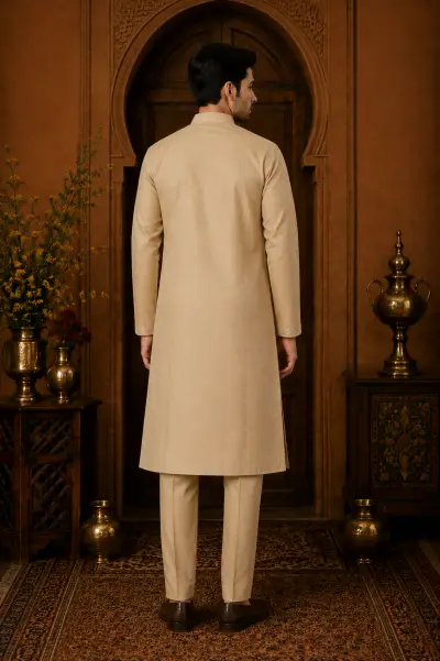 Men's Sand Gold Cotton Silk Embroidered Kurta Set view 3