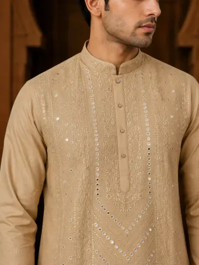 Men's Sand Gold Cotton Silk Embroidered Kurta Set view 2