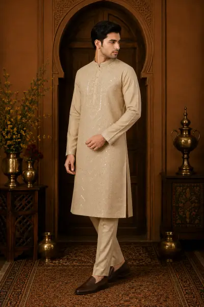 Men's Sand Gold Cotton Silk Embroidered Kurta Set view 4