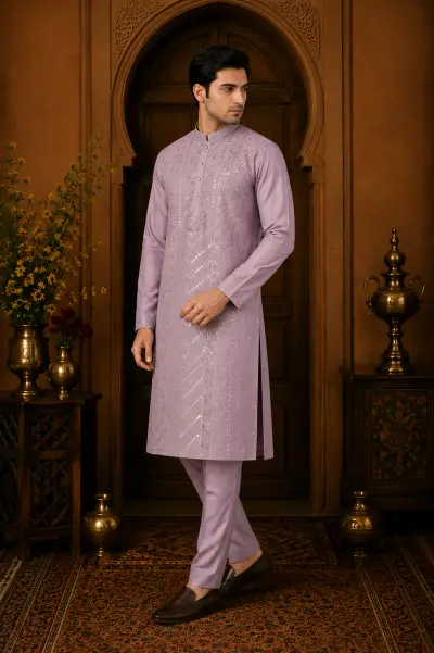 Men's Dusty Mauve Cotton Silk Embroidered Kurta Set