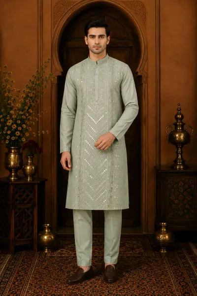 Men's Sage Green Cotton Silk Embroidered Kurta Set