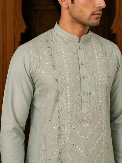 Men's Sage Green Cotton Silk Embroidered Kurta Set view 2