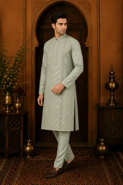 Men's Sage Green Cotton Silk Embroidered Kurta Set view 4