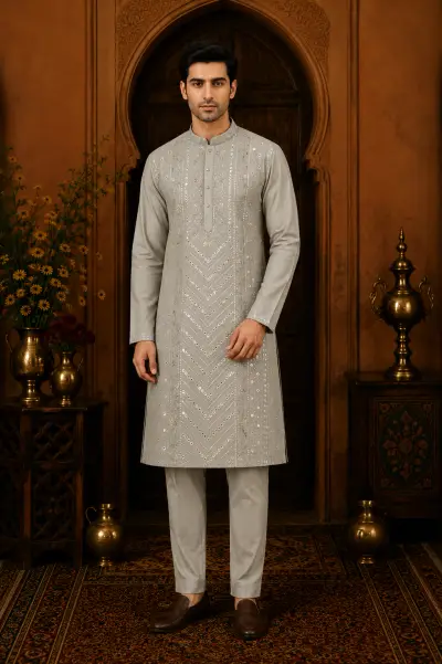 Men's Stone Beige Cotton Silk Embroidered Kurta Set