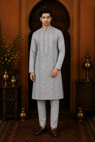 Men's Silver Grey Cotton Silk Embroidered Kurta Set