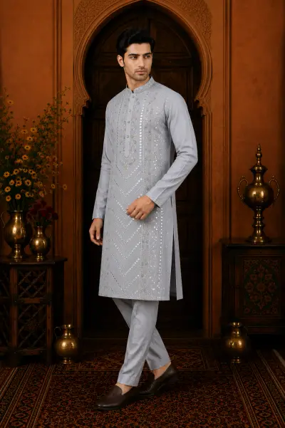 Men's Silver Grey Cotton Silk Embroidered Kurta Set view 4