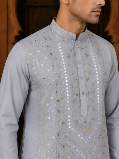 Men's Silver Grey Cotton Silk Embroidered Kurta Set view 2