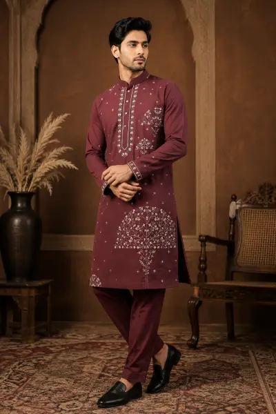 Men's Wine Maroon Japanese Embroidered Kurta Set