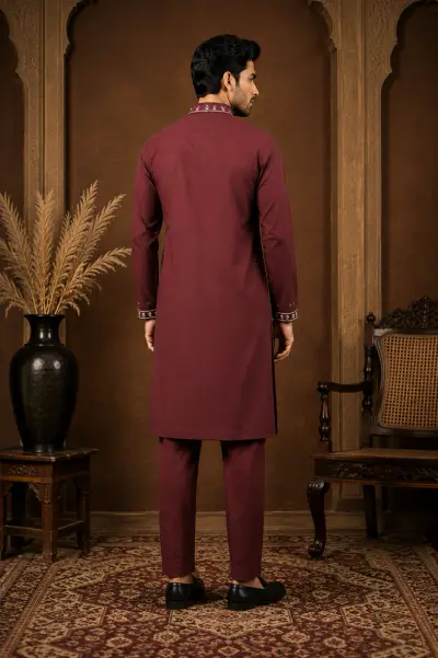 Men's Wine Maroon Japanese Embroidered Kurta Set view 3