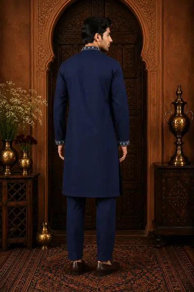 Men's Midnight Navy Japanese Embroidered Kurta Set view 3