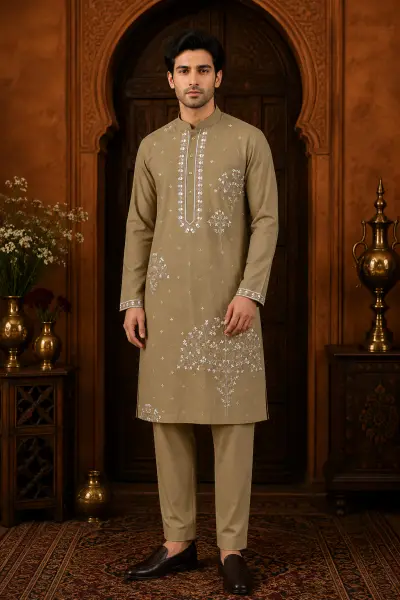 Men's Khaki Beige Japanese Embroidered Kurta Set