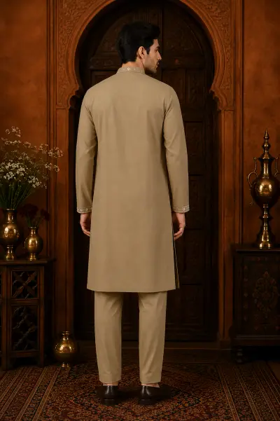 Men's Khaki Beige Japanese Embroidered Kurta Set view 3