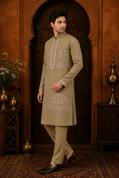 Men's Khaki Beige Japanese Embroidered Kurta Set view 4
