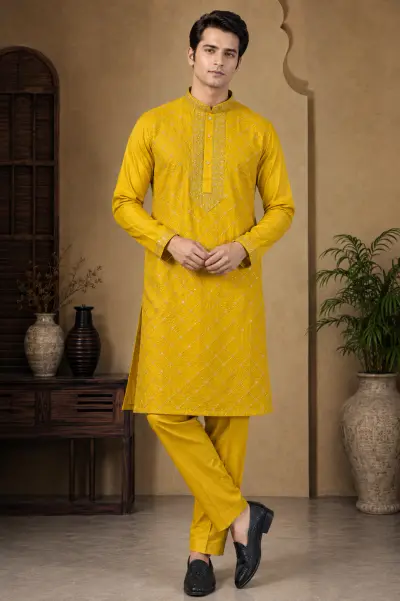 Men's Mustard Gold Silk Embroidered Kurta Set