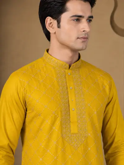 Men's Mustard Gold Silk Embroidered Kurta Set view 2