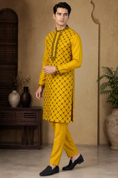Men's Mustard Gold & Black Silk Embroidered Kurta Set