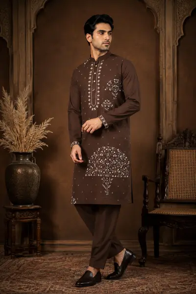 Men's Chocolate Brown Japanese Embroidered Kurta Set view 4