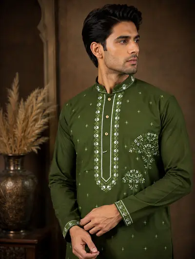 Men's Forest Green Japanese Embroidered Kurta Set