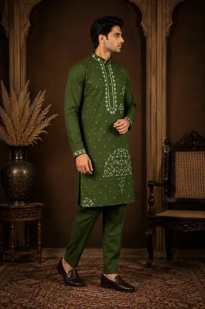 Men's Forest Green Japanese Embroidered Kurta Set view 4