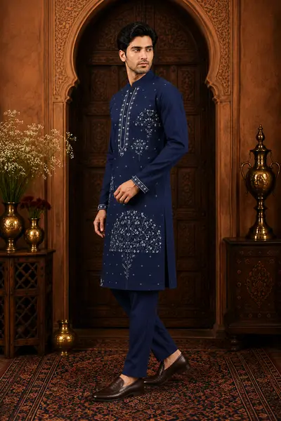 Men's Midnight Navy Japanese Embroidered Kurta Set