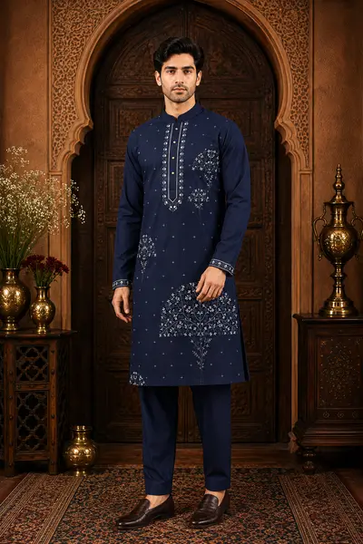 Men's Midnight Navy Japanese Embroidered Kurta Set view 4