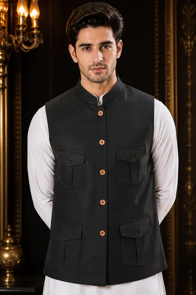 Black 4-Pocket Utility Linen Waistcoat view 1