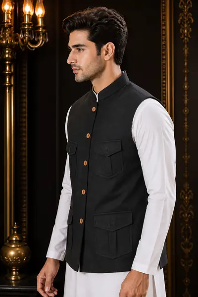 Black 4-Pocket Utility Linen Waistcoat view 2