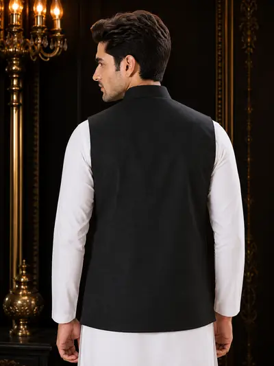 Black 4-Pocket Utility Linen Waistcoat view 3