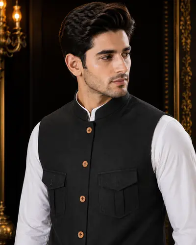 Black 4-Pocket Utility Linen Waistcoat view 4