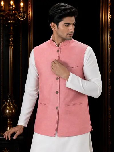 Dusty Rose Contrast-Stitch Linen Waistcoat view 1