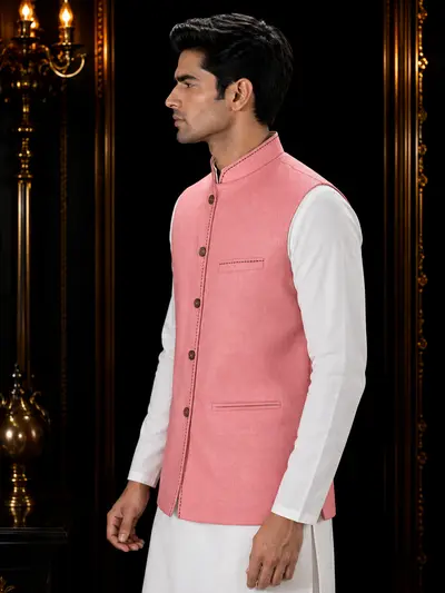 Dusty Rose Contrast-Stitch Linen Waistcoat view 2