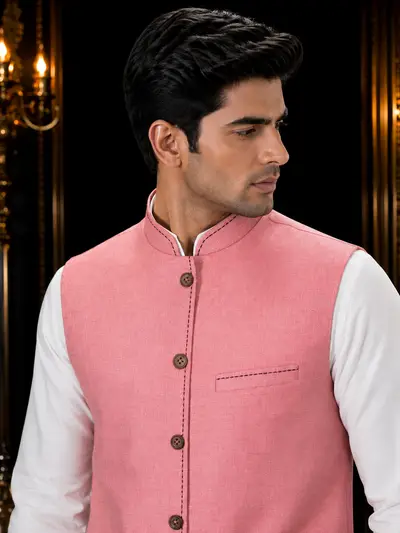 Dusty Rose Contrast-Stitch Linen Waistcoat view 4