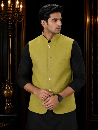 Olive Green Nehru Linen Waistcoat view 1