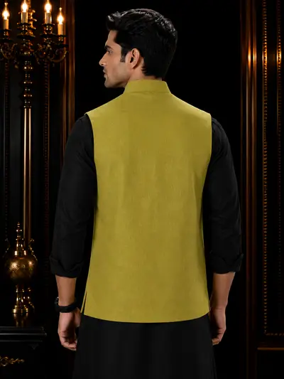 Olive Green Nehru Linen Waistcoat view 3