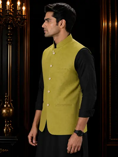 Olive Green Nehru Linen Waistcoat view 2