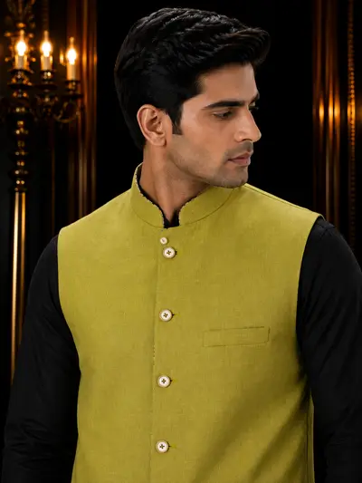 Olive Green Nehru Linen Waistcoat view 4
