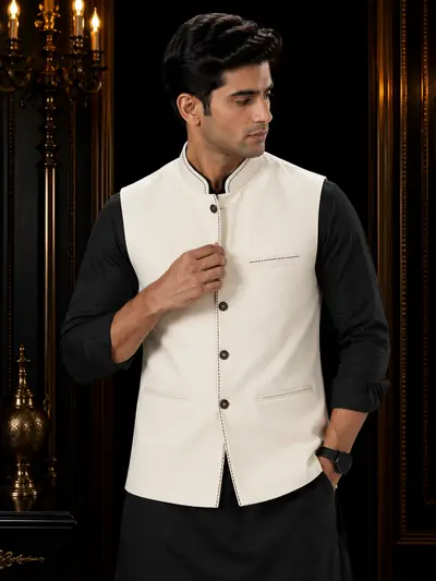 Ivory Contrast-Border Linen Waistcoat view 1