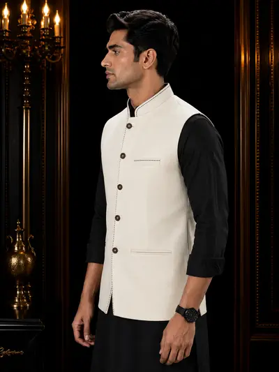 Ivory Contrast-Border Linen Waistcoat view 2