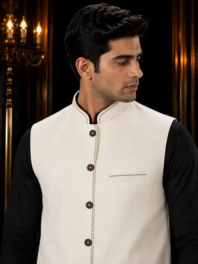 Ivory Contrast-Border Linen Waistcoat view 4